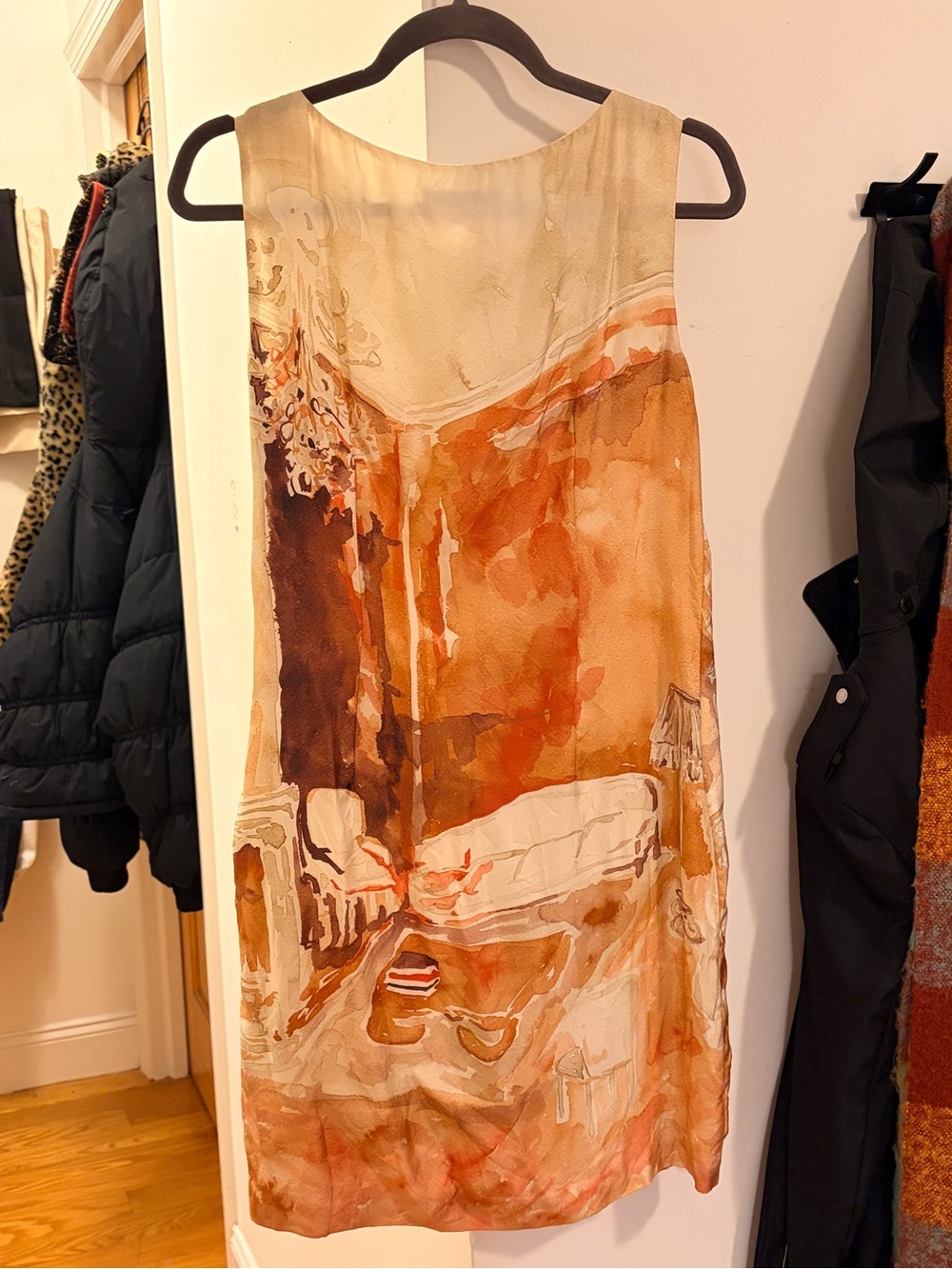 Piazza Sempione Silk Sleeveless Watercolor Mini Dress in Beige, Orange, & Brown - Picture 2 of 9